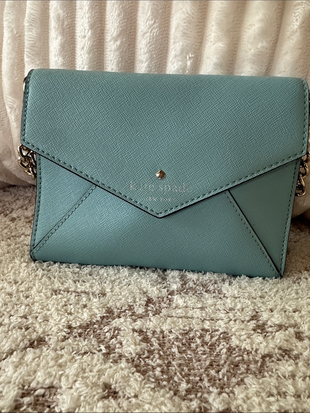 Kate Spade Envelope Mini Crossbody Clutch Blue Saffiano Leather Gold Chain